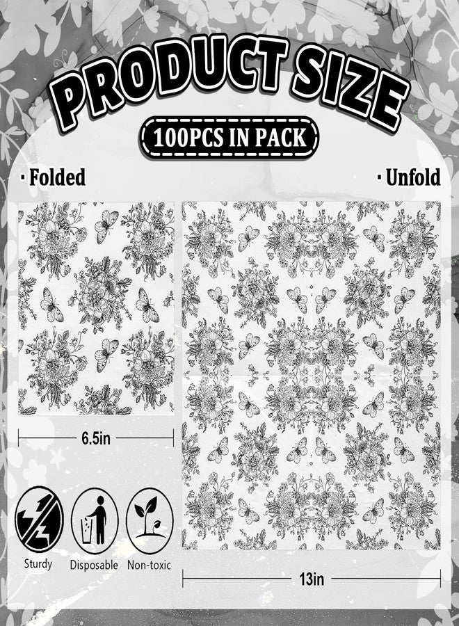 Whaline 100 Counts Floral Paper Napkins Black White Vintage Flower Disposable Napkins Sketched Decorative Luncheon Dinner Table Napkins for Spring Summer Birthday Party Supplies - Image 2